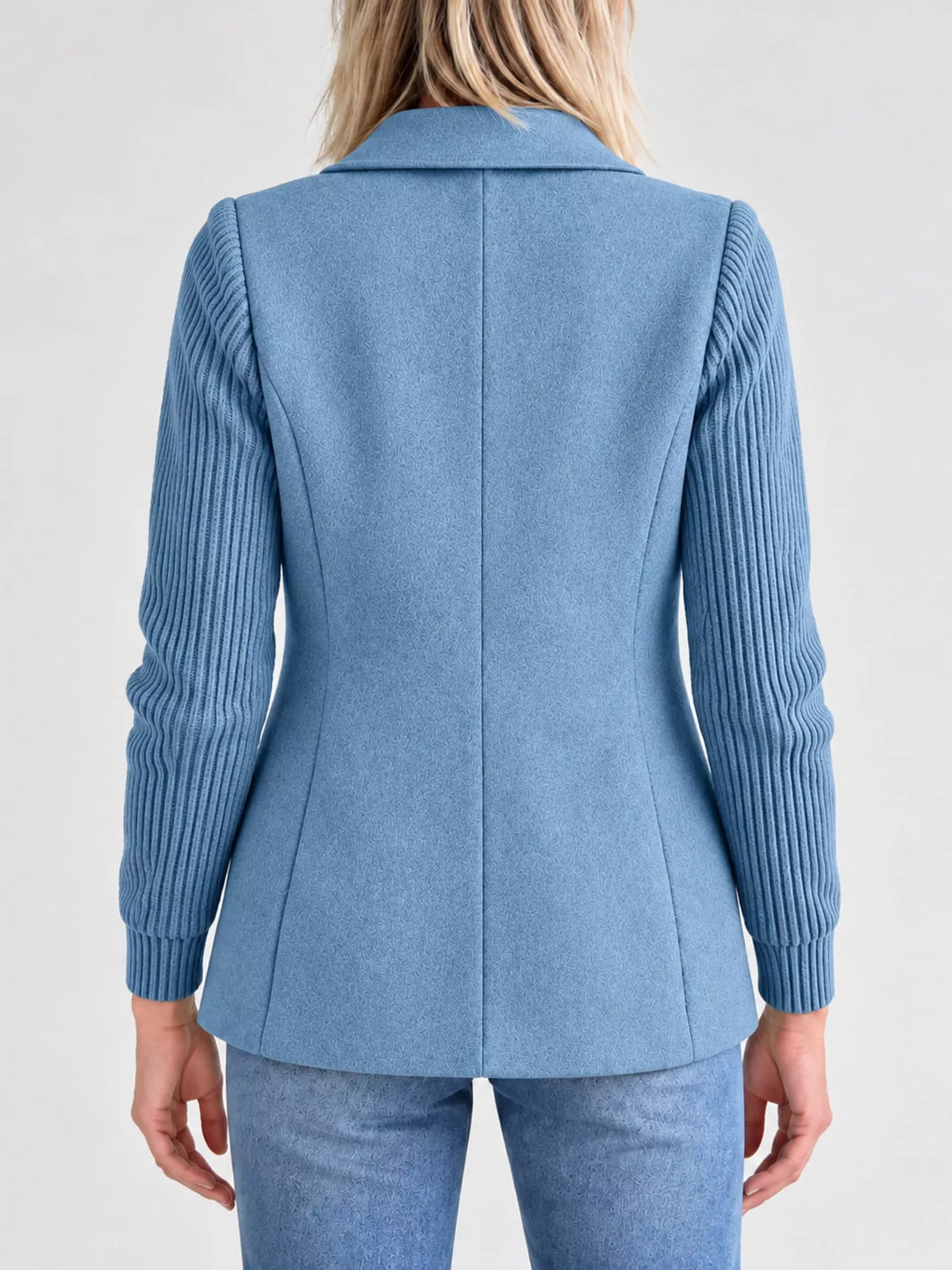 Blue double-breasted lapel collar blazer — back view