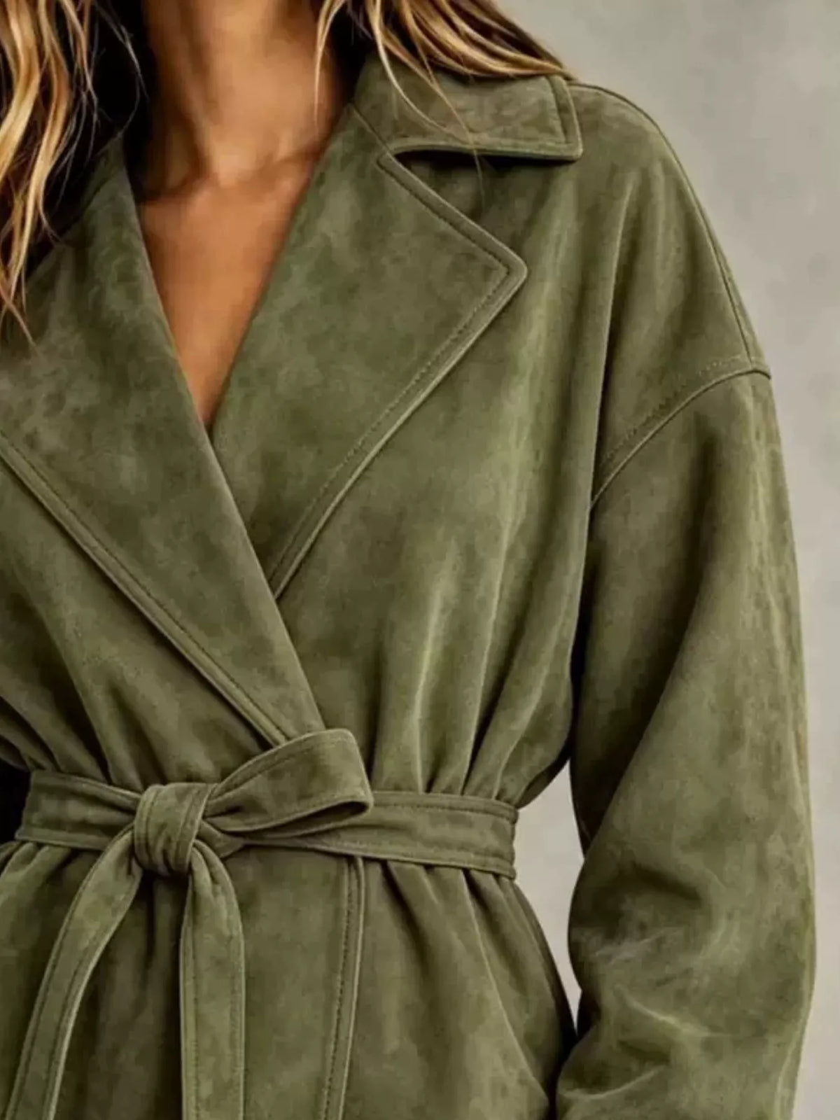 Green tie-waist lapel collar jacket, notch lapels and tied waist