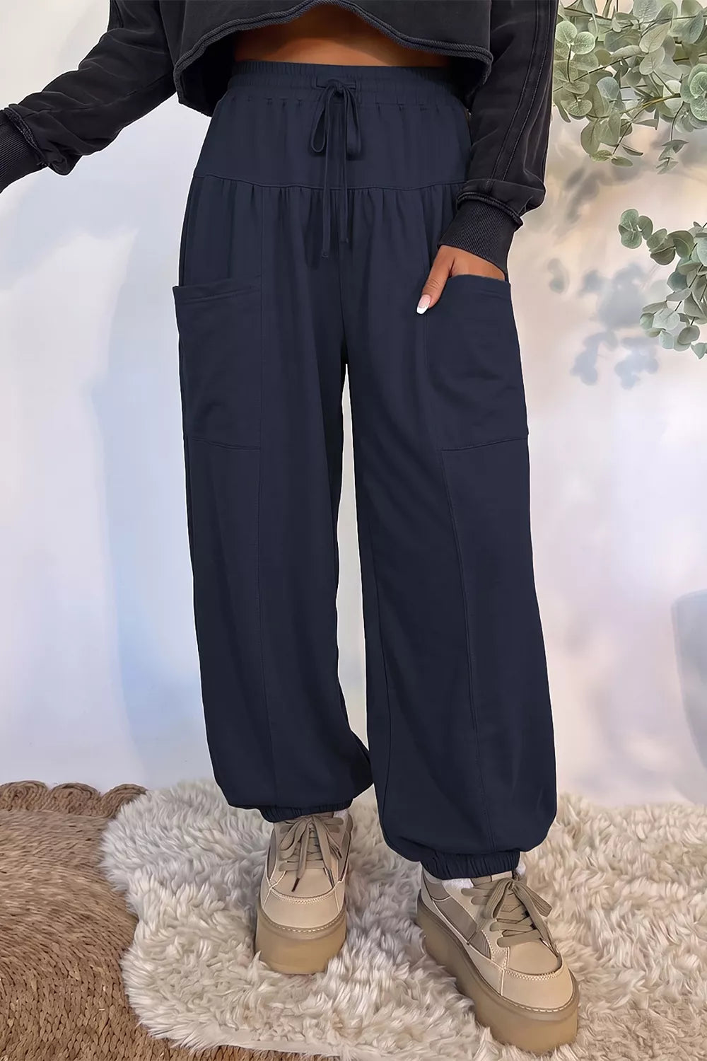 Women's Drawstring Wide-Leg Joggers in Dark Navy, front view