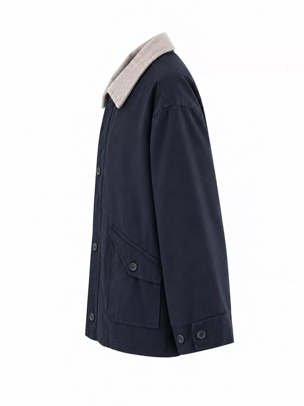 Navy contrast corduroy collar button-up jacket — side view