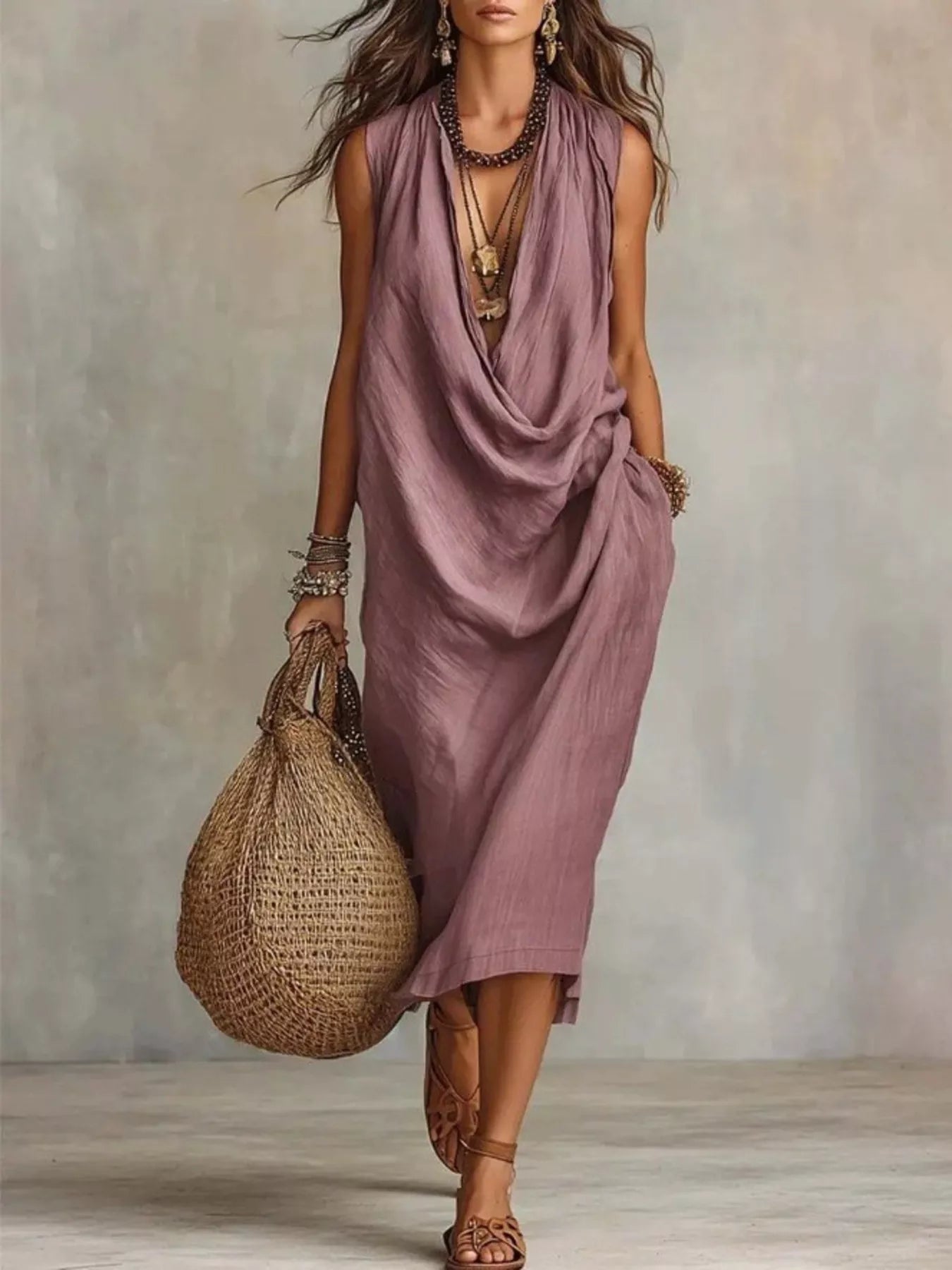 Trendsi Full Size Cowl Neck Sleeveless Midi Dress Plus Size -