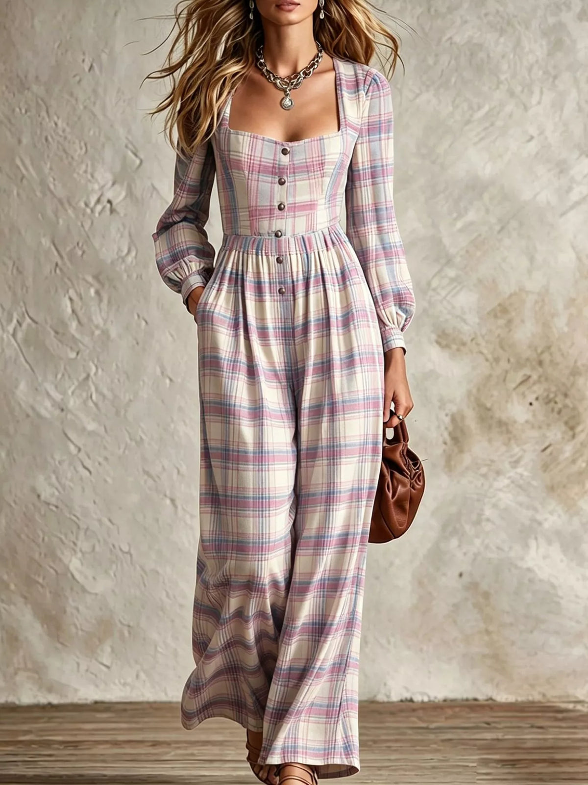 Plaid jumpsuit, purple front