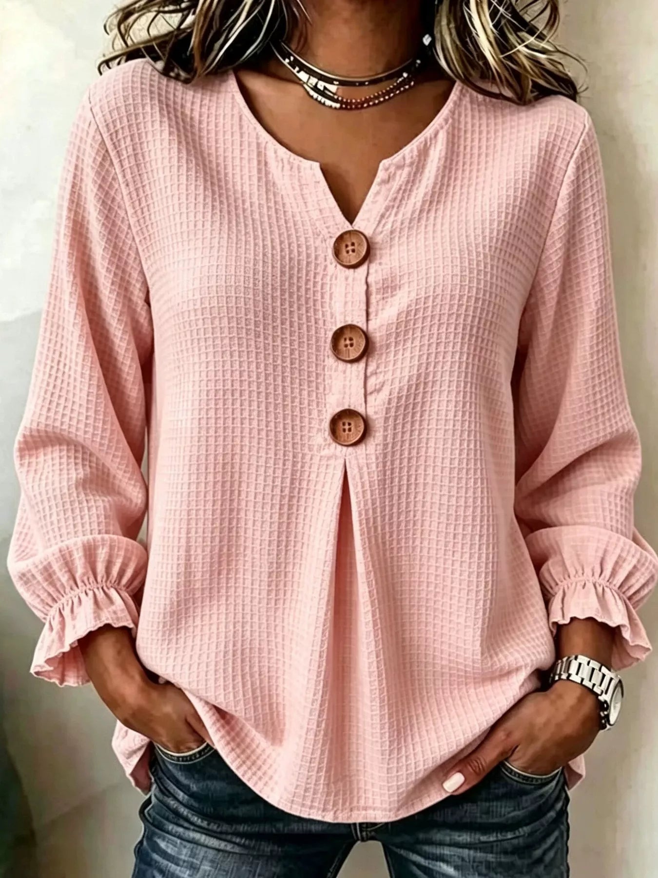 Waffle-knit long sleeve top