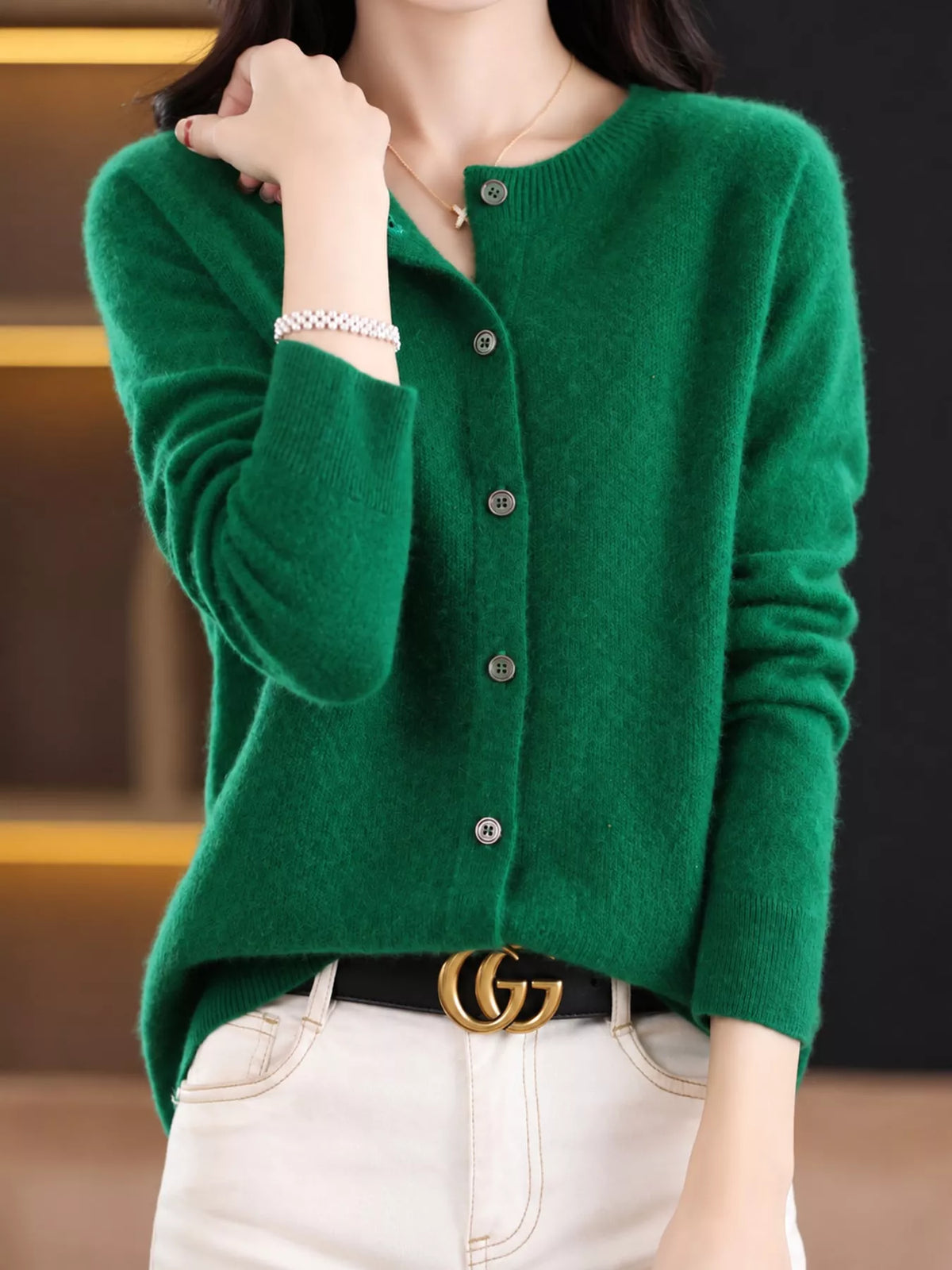 Round neck long sleeve cardigan, front view on model