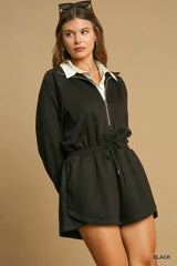 Trendsi Umgee Half Zip Romper with Drawstring Waist -