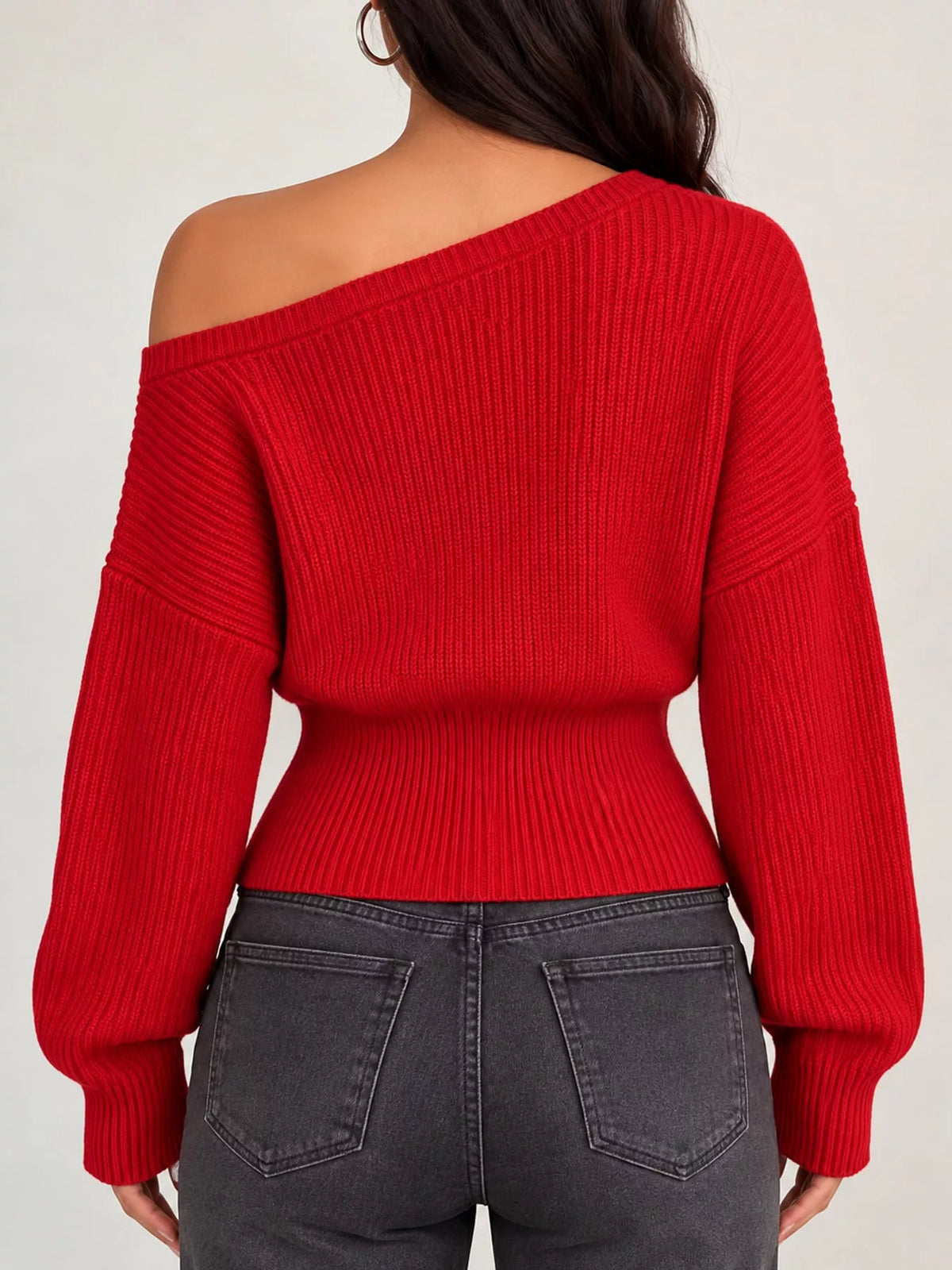 Red one shoulder ribbed knit sweater, back view