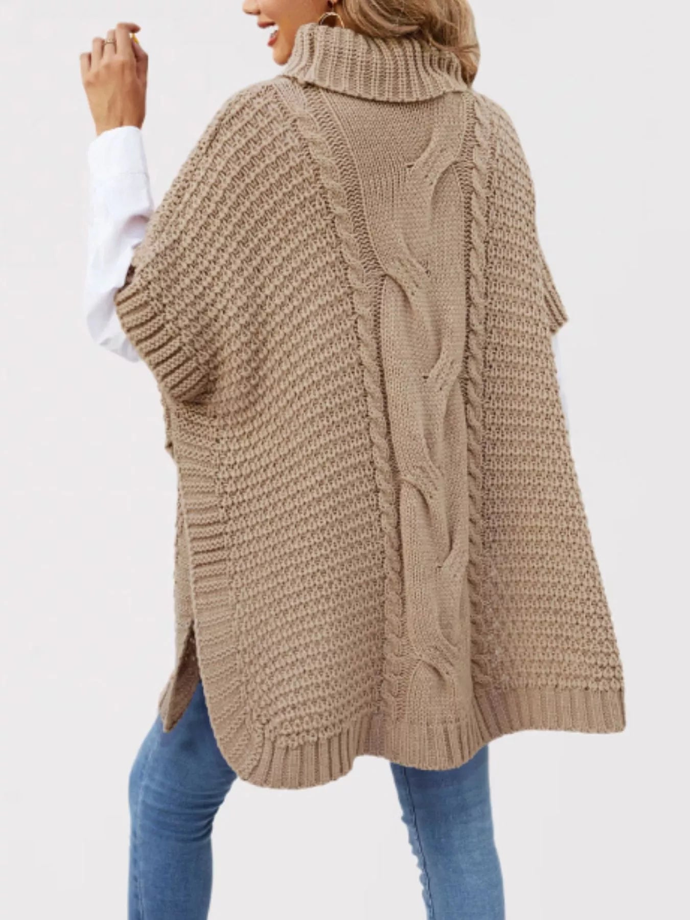 Trendsi Turtleneck Cable-Knit Short Sleeve Oversized Sweater -