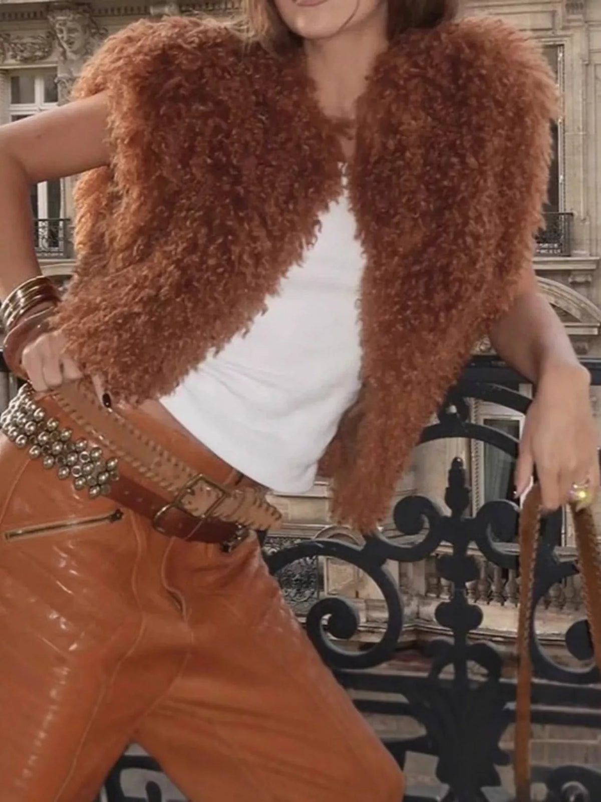 Faux Fur Open Front Vest Coat in brown