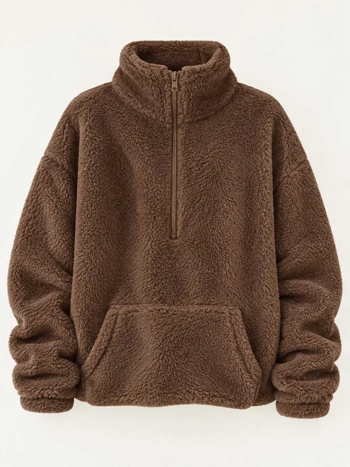 Sherpa quarter-zip sweatshirt, brown hanging front
