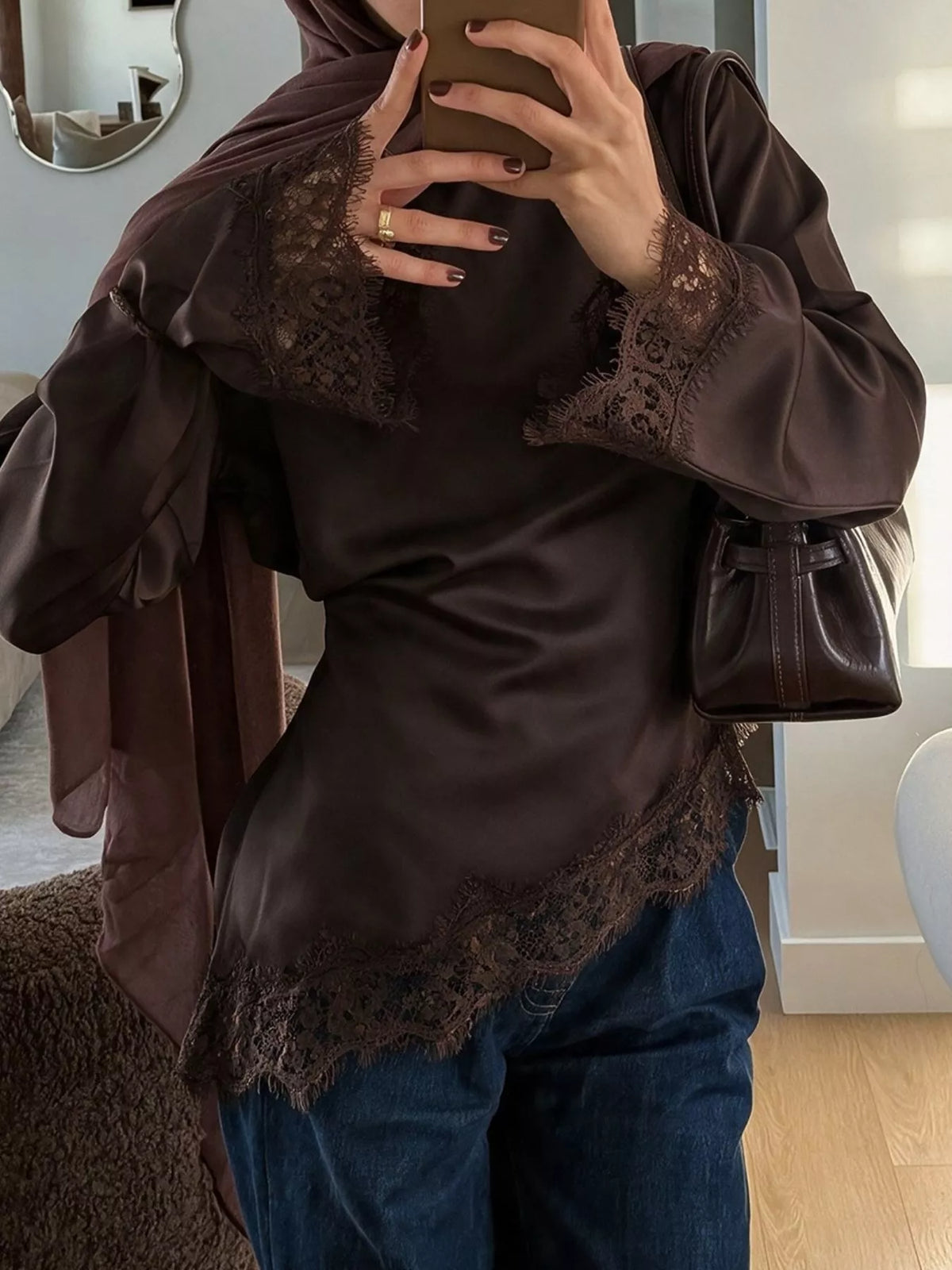 Coffee satin lace-trim blouse with flounce sleeves