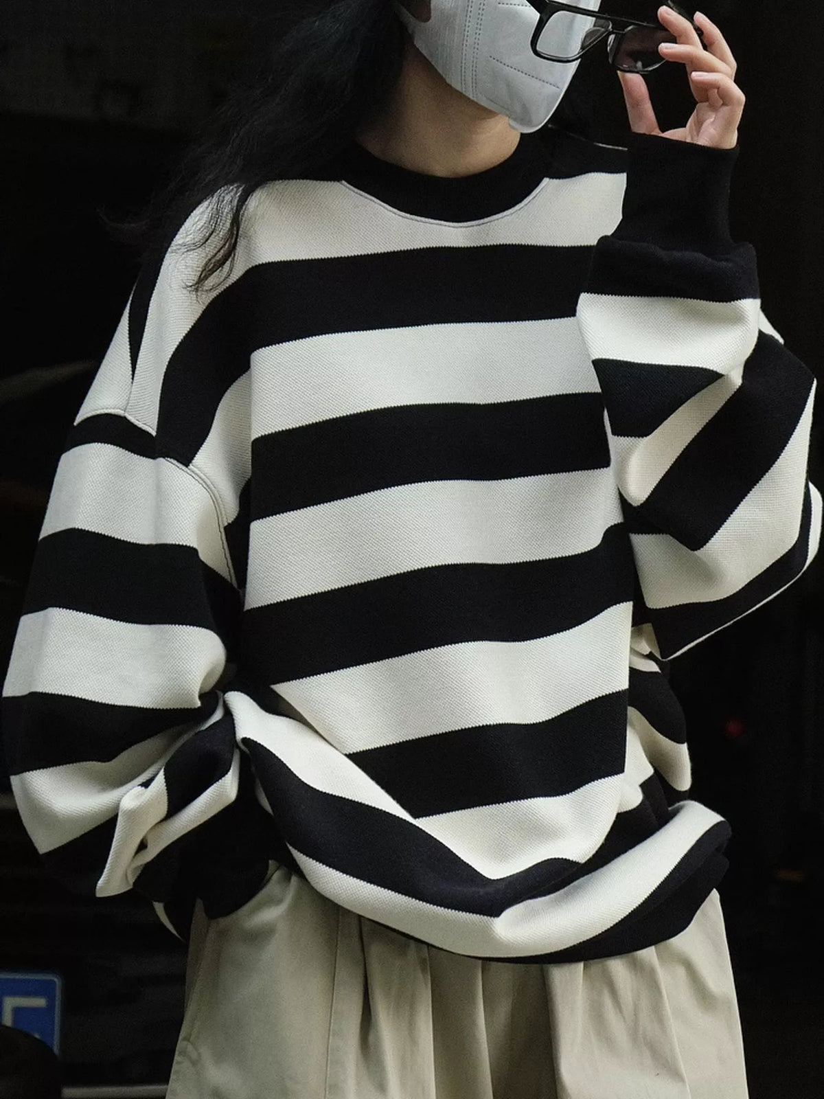 Black oversized striped crewneck sweatshirt
