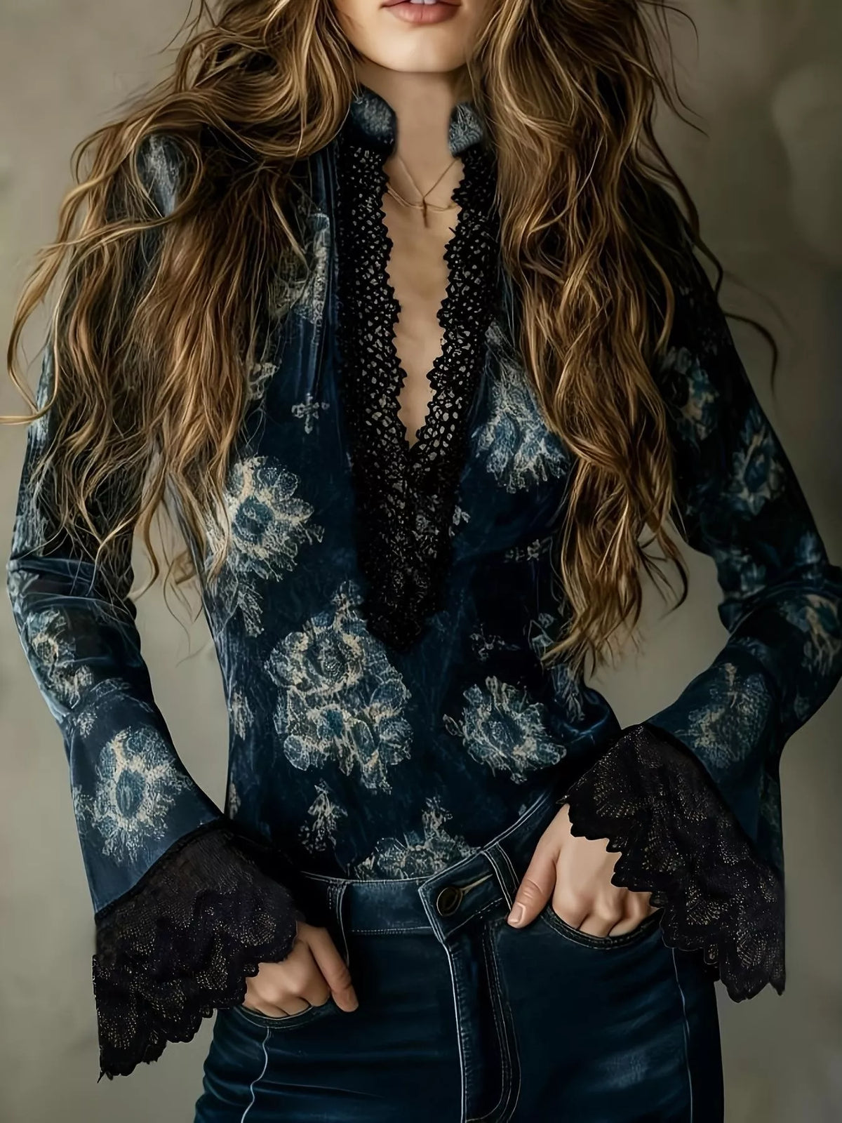 Trendsi Lace Trim Flare Sleeves Blouse -