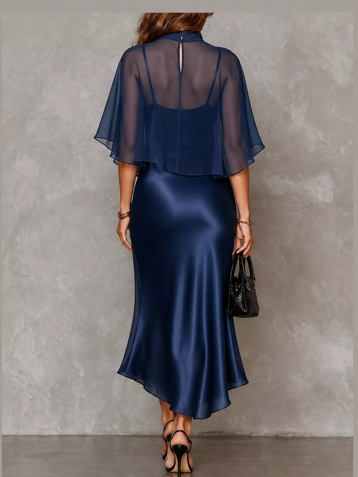 Navy satin cami dress and sheer cover up set — back view