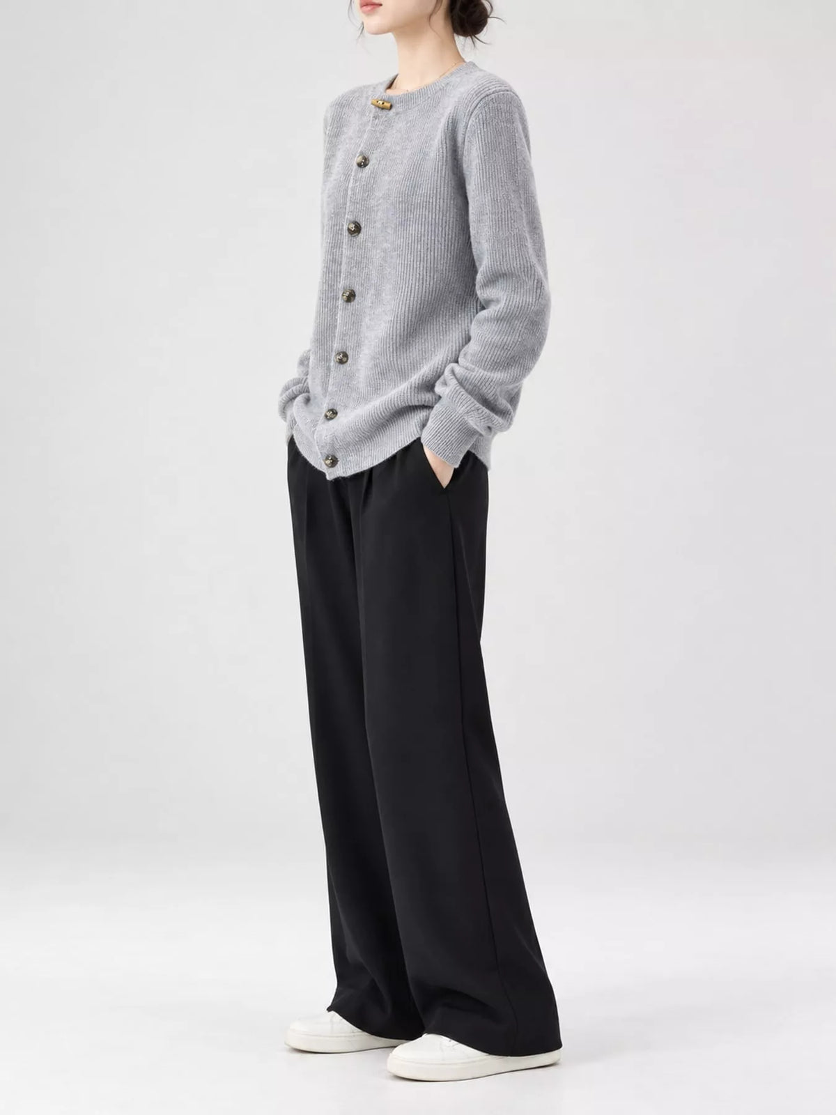Light Gray ribbed knit asymmetrical button cardigan