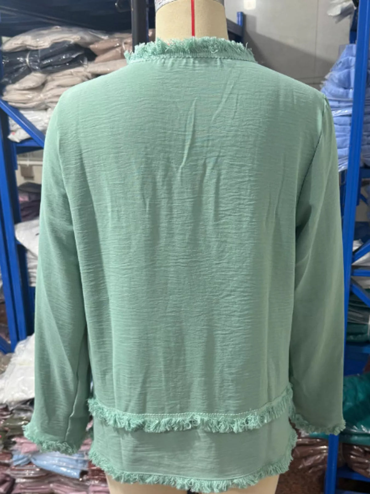 Frayed-hem blouse, sage mannequin back
