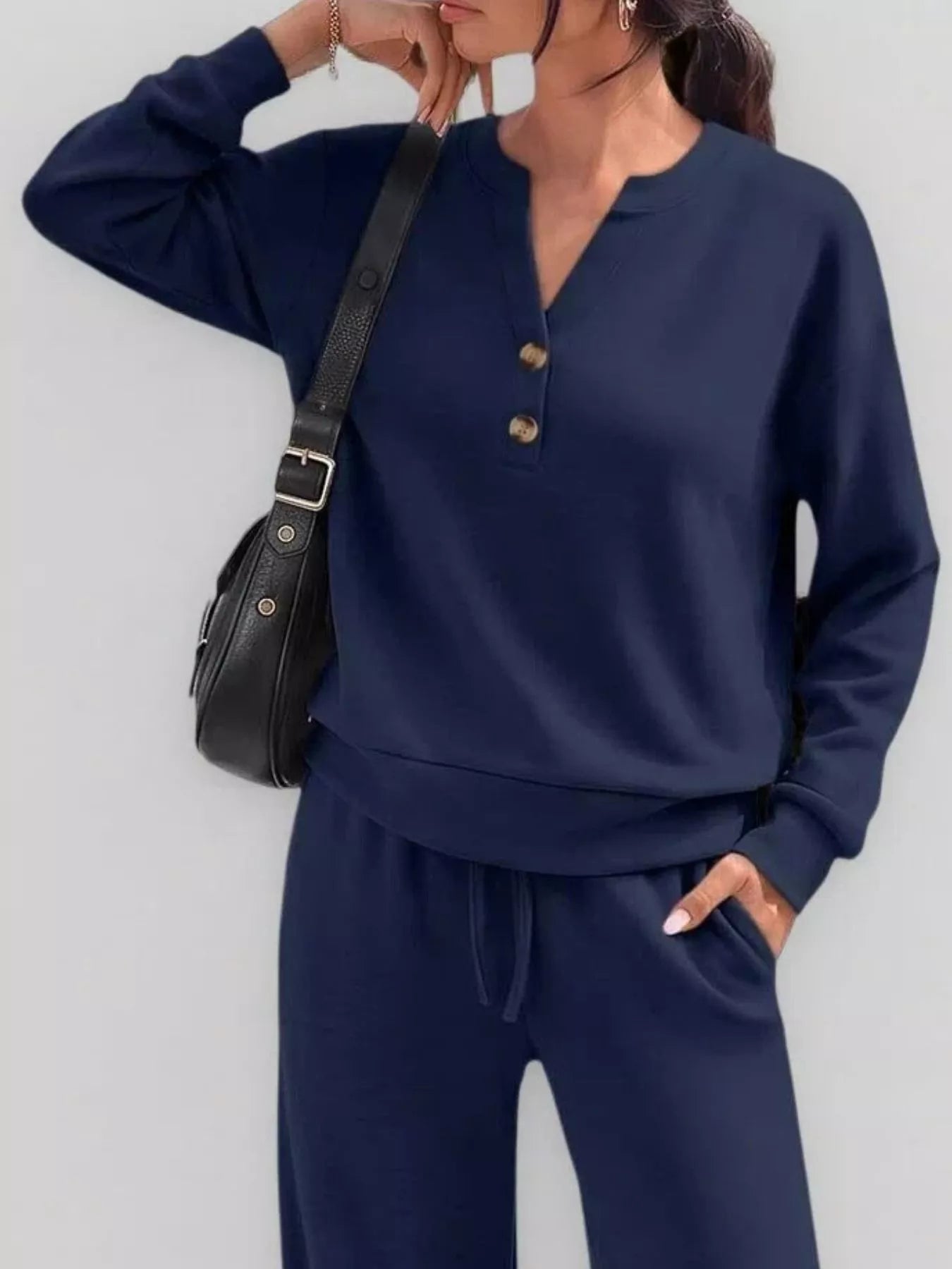 Button-detail dropped-shoulder top and pants set