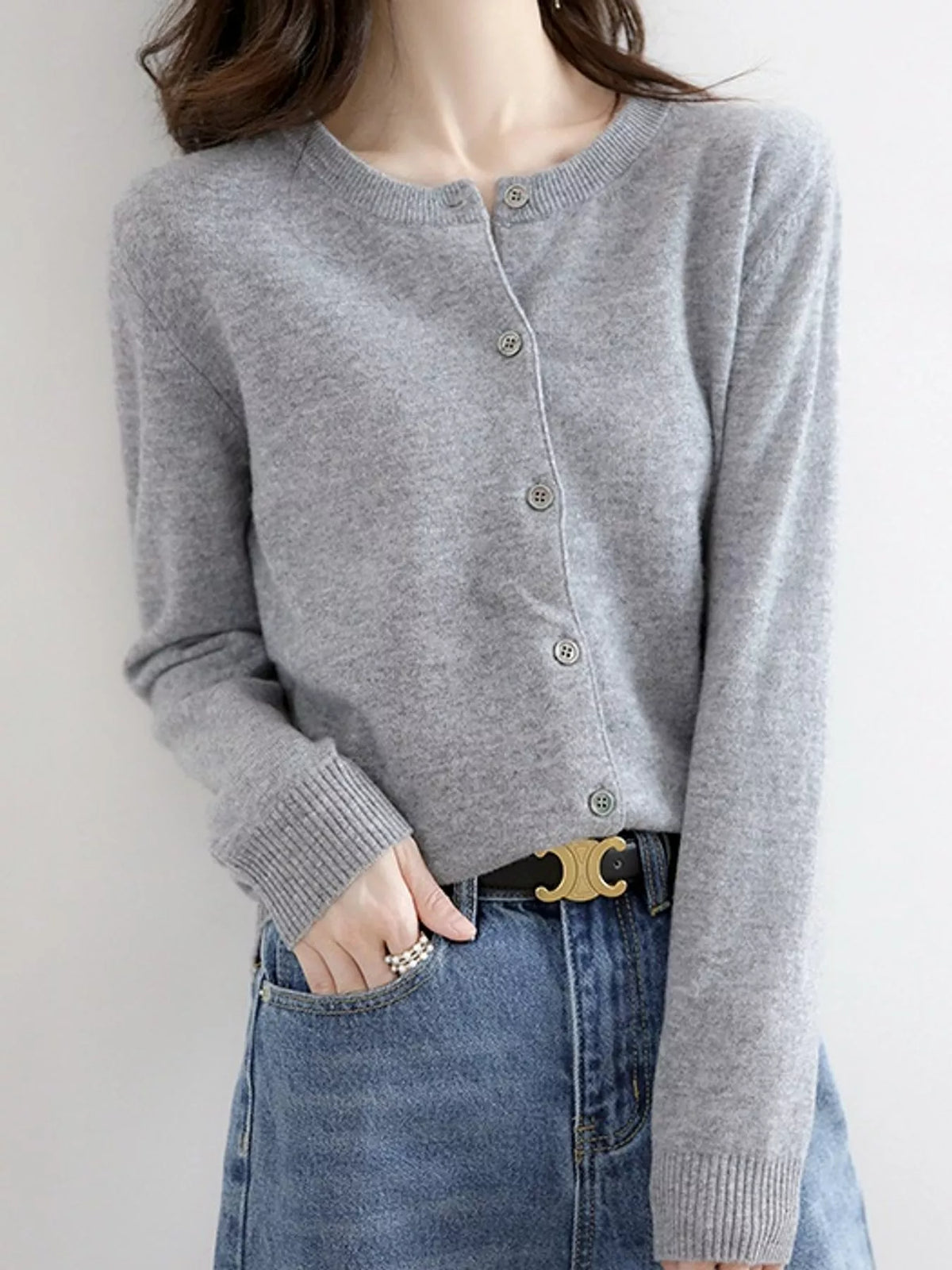 Button-down cardigan, gray angled front