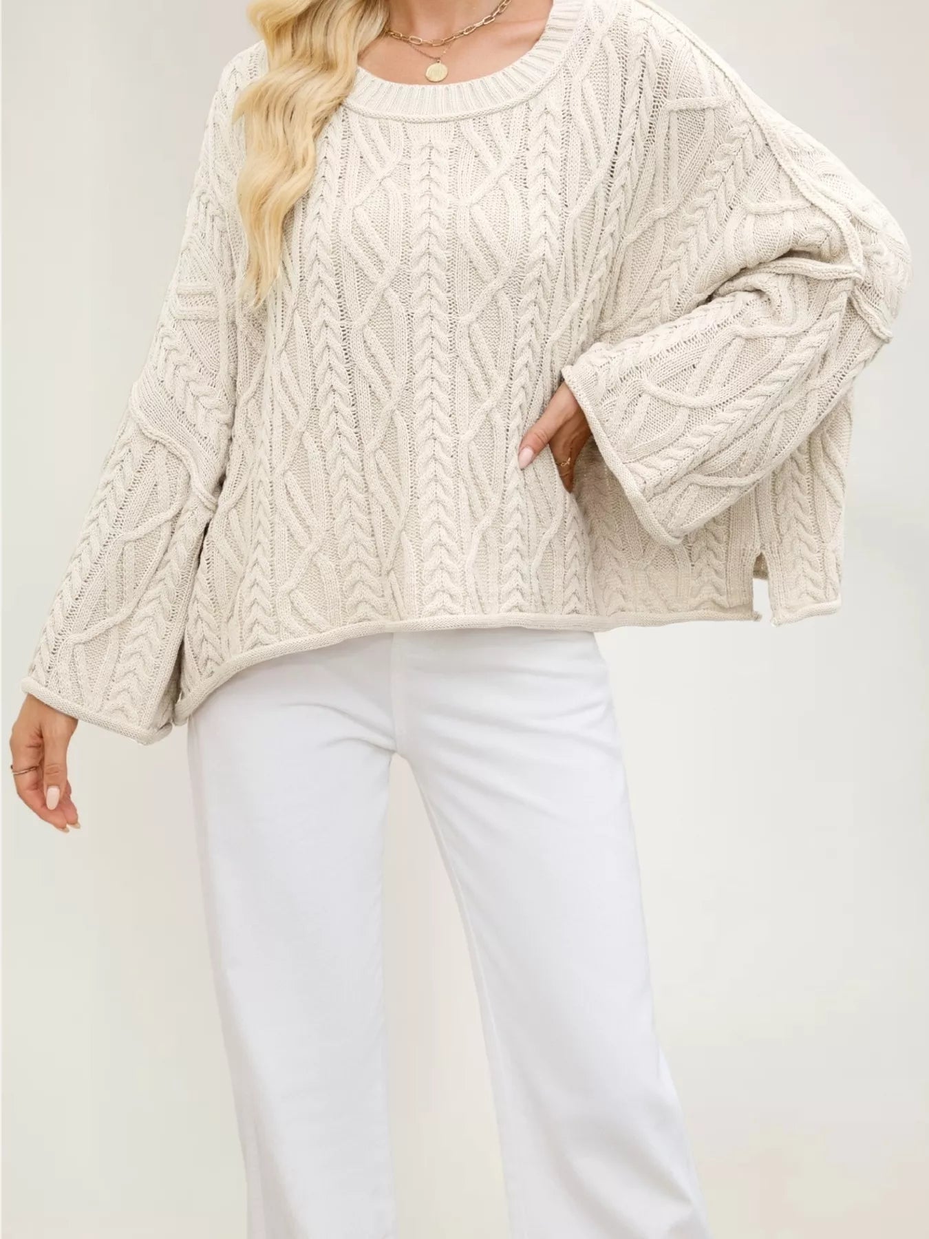 Trendsi Cozy Cable Knit Drop Shoulder Oversize Sweater -