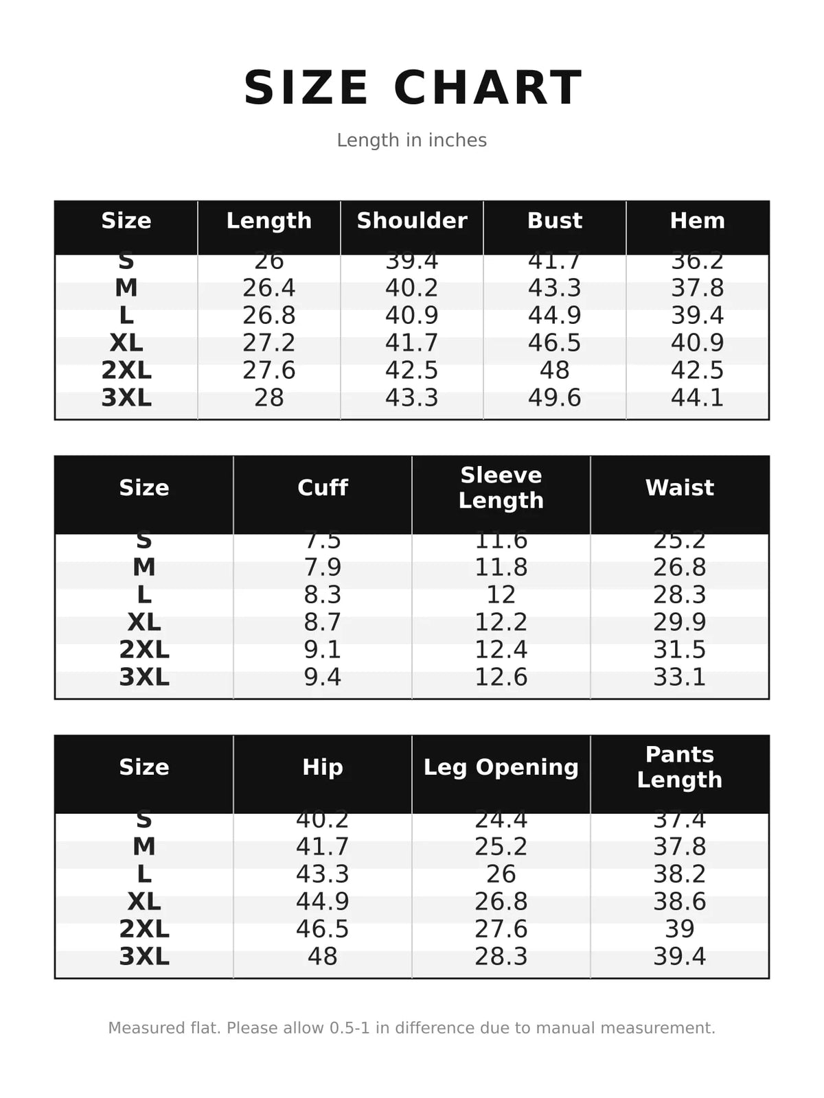 Asymmetric neck long sleeve outfit set, size and measurement chart