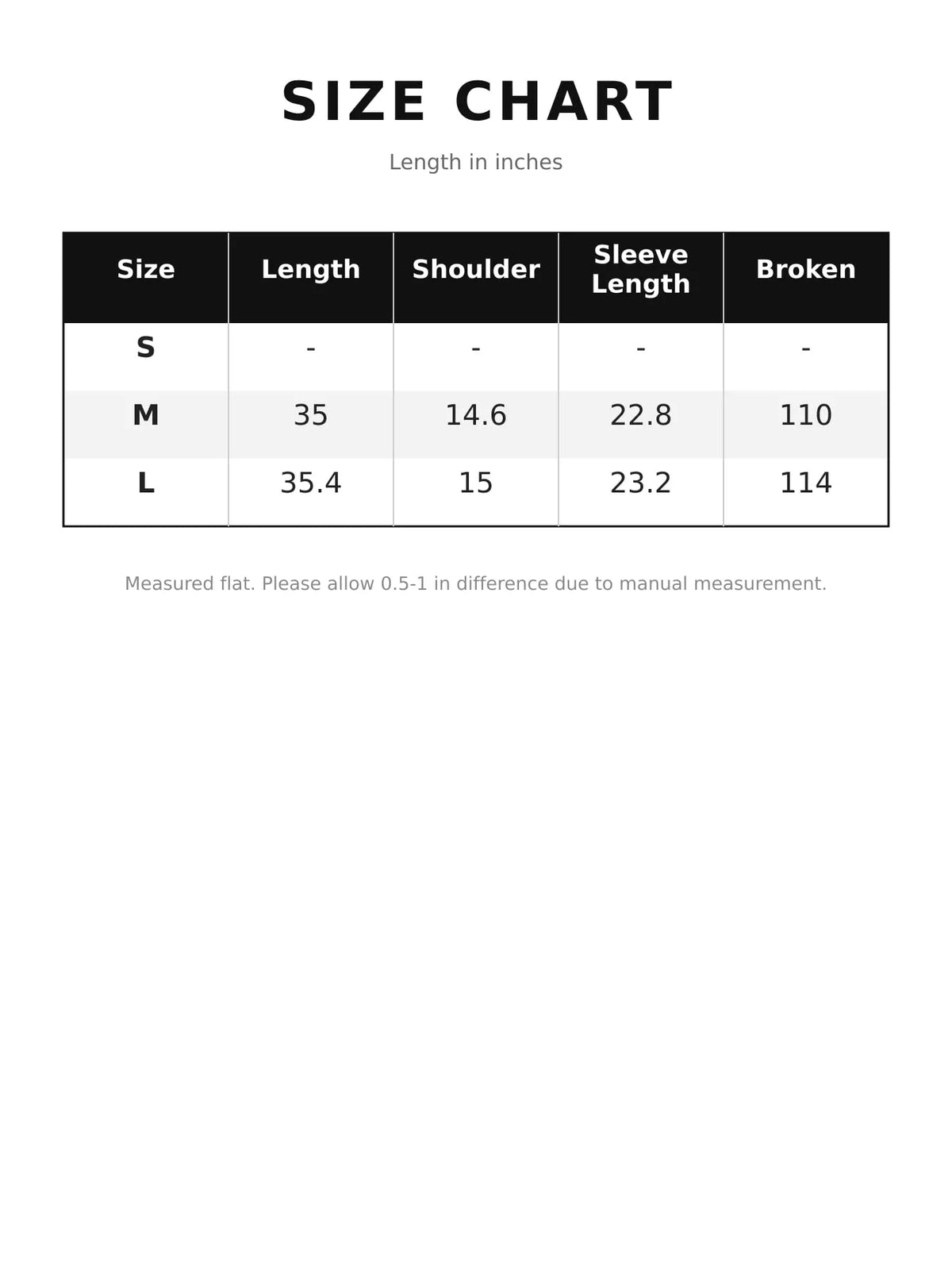 Size chart for oversized scuba-style coat