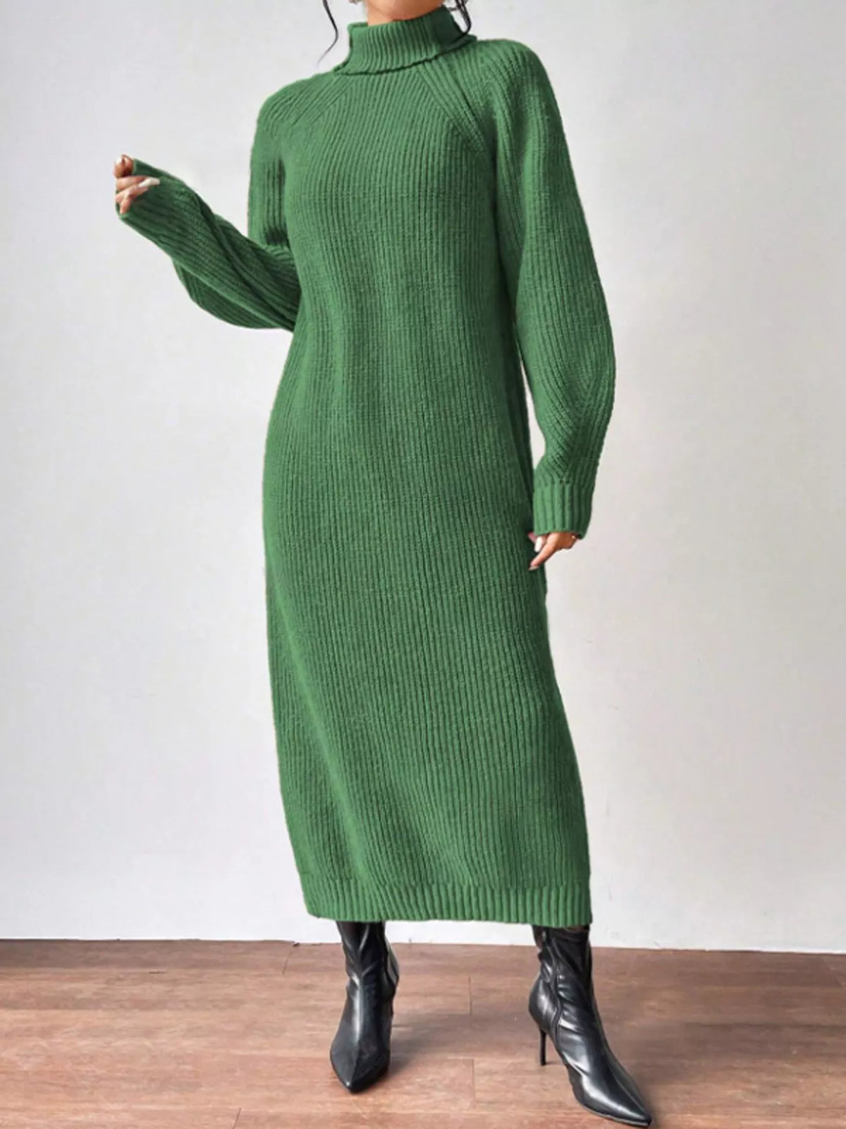 Turtleneck Ribbed Knit Midi Sweater Dress in green, front view