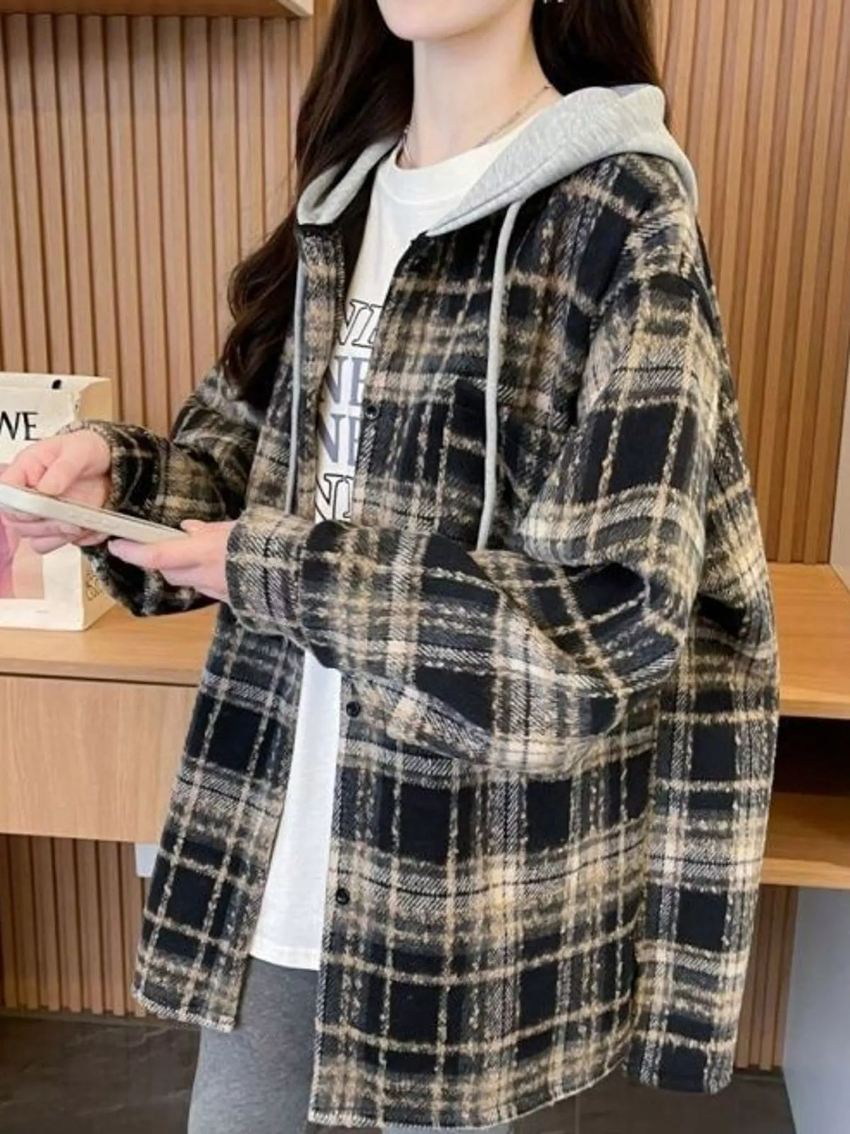 Black plaid button-up hooded shacket