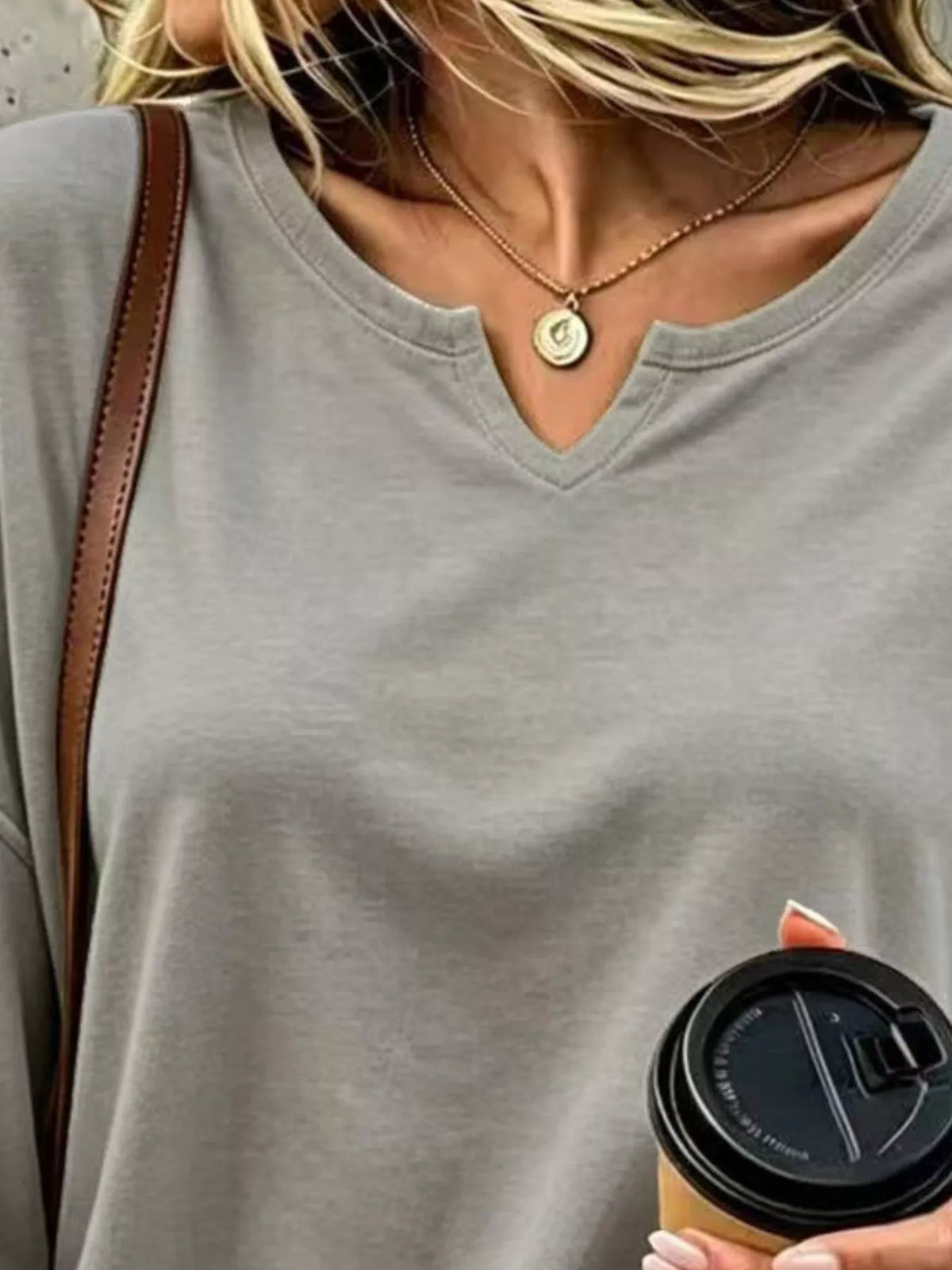 Gray Loose-Fit Notch Neck Long Sleeve T-Shirt neckline detail