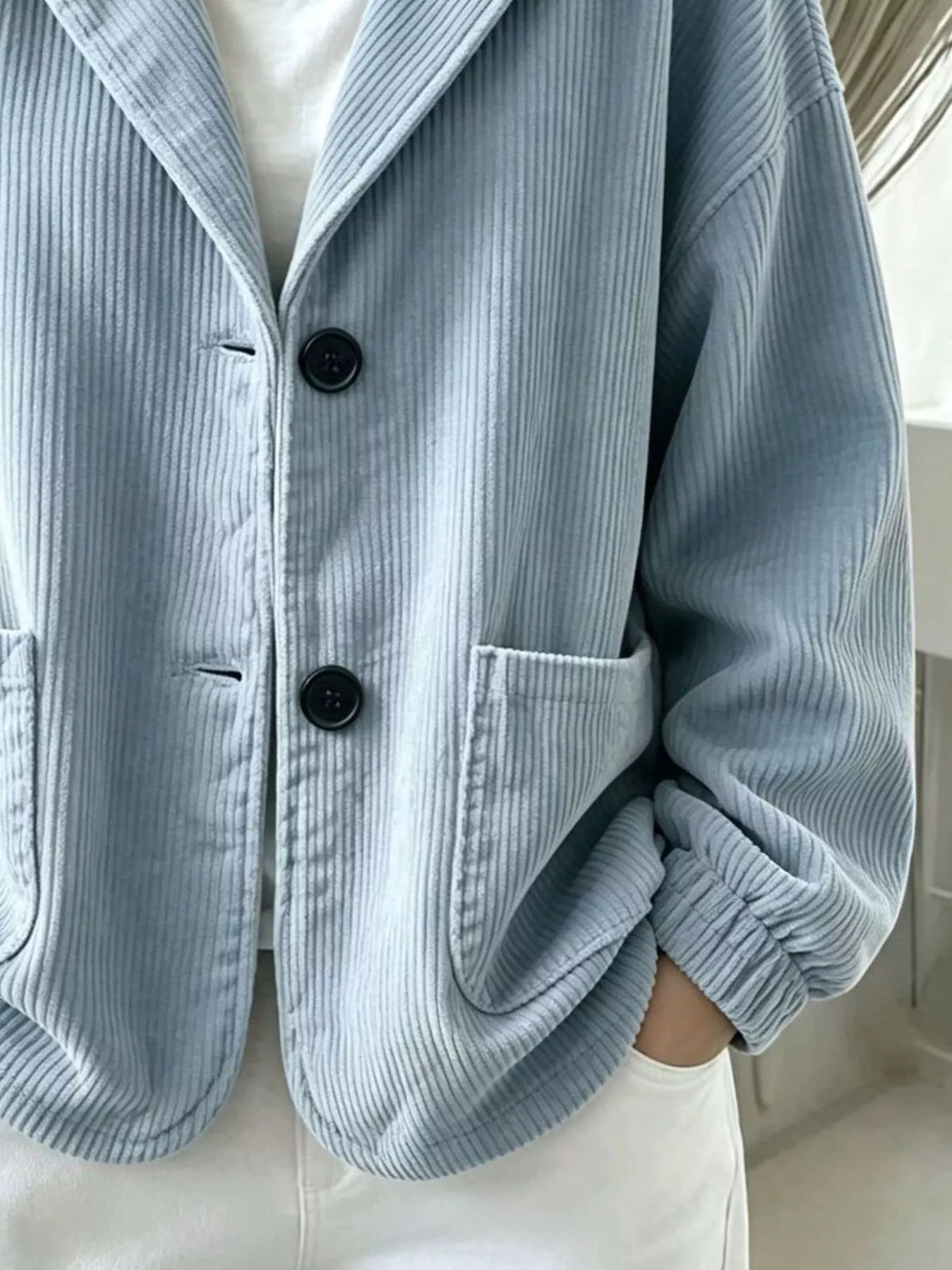 Women's Corduroy Button Up Hooded Jacket in light blue — pocket detail view
