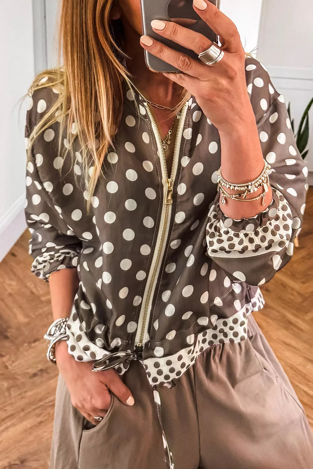 Polka-dot zip-up long sleeve shacket