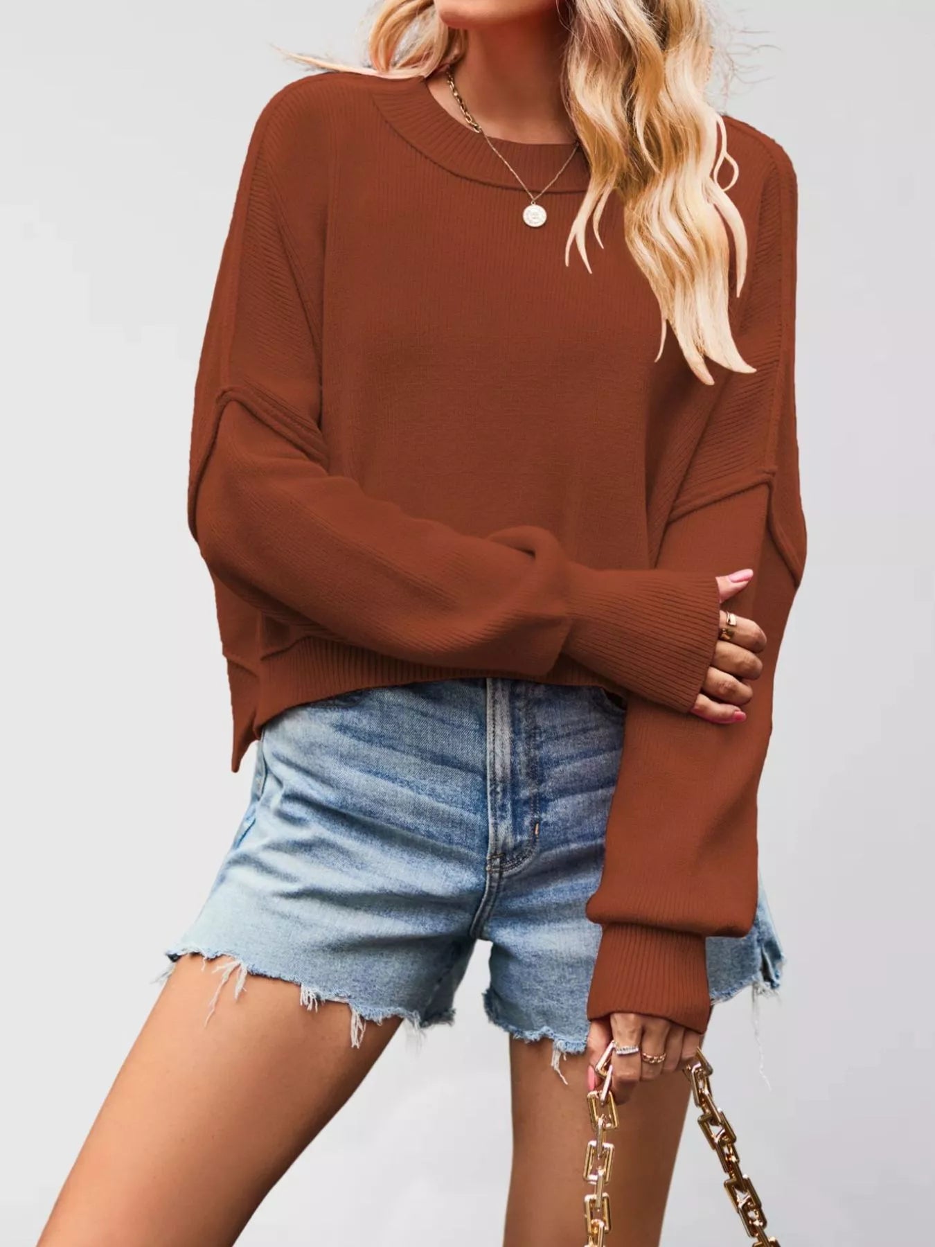Trendsi Crew Neck Dropped Shoulder Sweater -