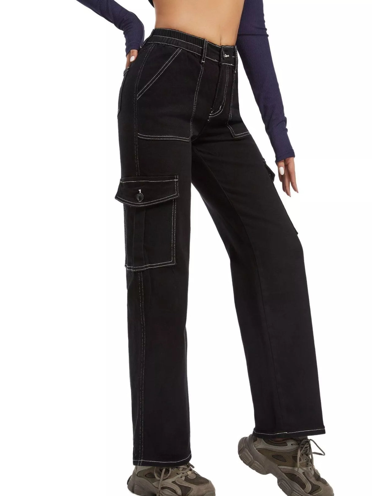 Black wide-leg cargo jeans, front view at an angle