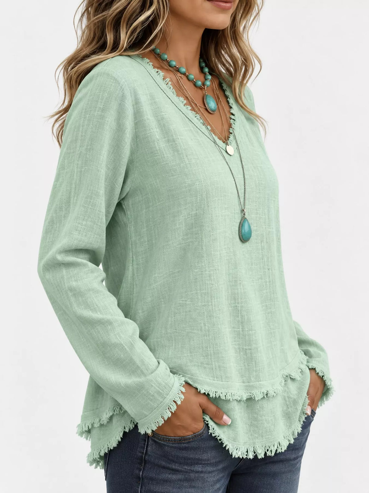 Frayed-hem blouse, mint angled front