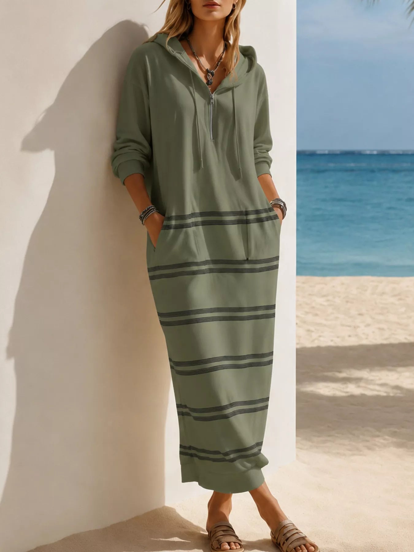 Trendsi Casual Striped Drawstring Hooded Dress -