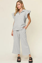 Trendsi Double Take Texture Ruffle Short Sleeve Top and Drawstring Wide Leg Pants Set -