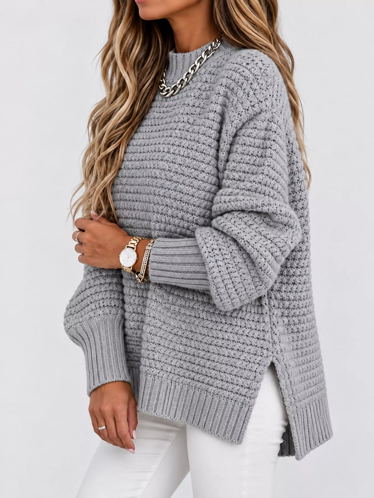 Round neck long sleeve sweater, front view on model