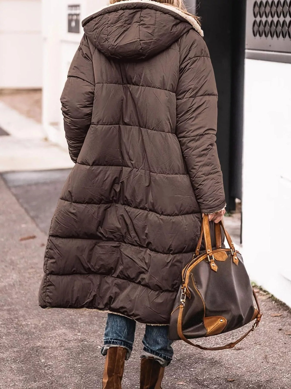 Brown longline sherpa-lined hooded puffer coat, back view