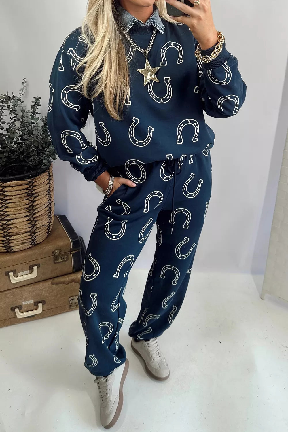 Trendsi Lucky Horseshoe Print Sweatshirt and Pants Set -