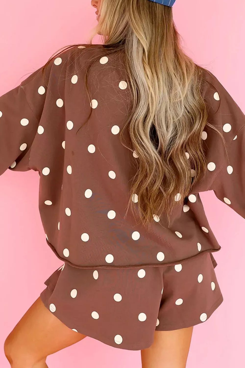 Trendsi Polka Dot Raw Hem Relaxed Pullover Loose Skort Two Piece Set -