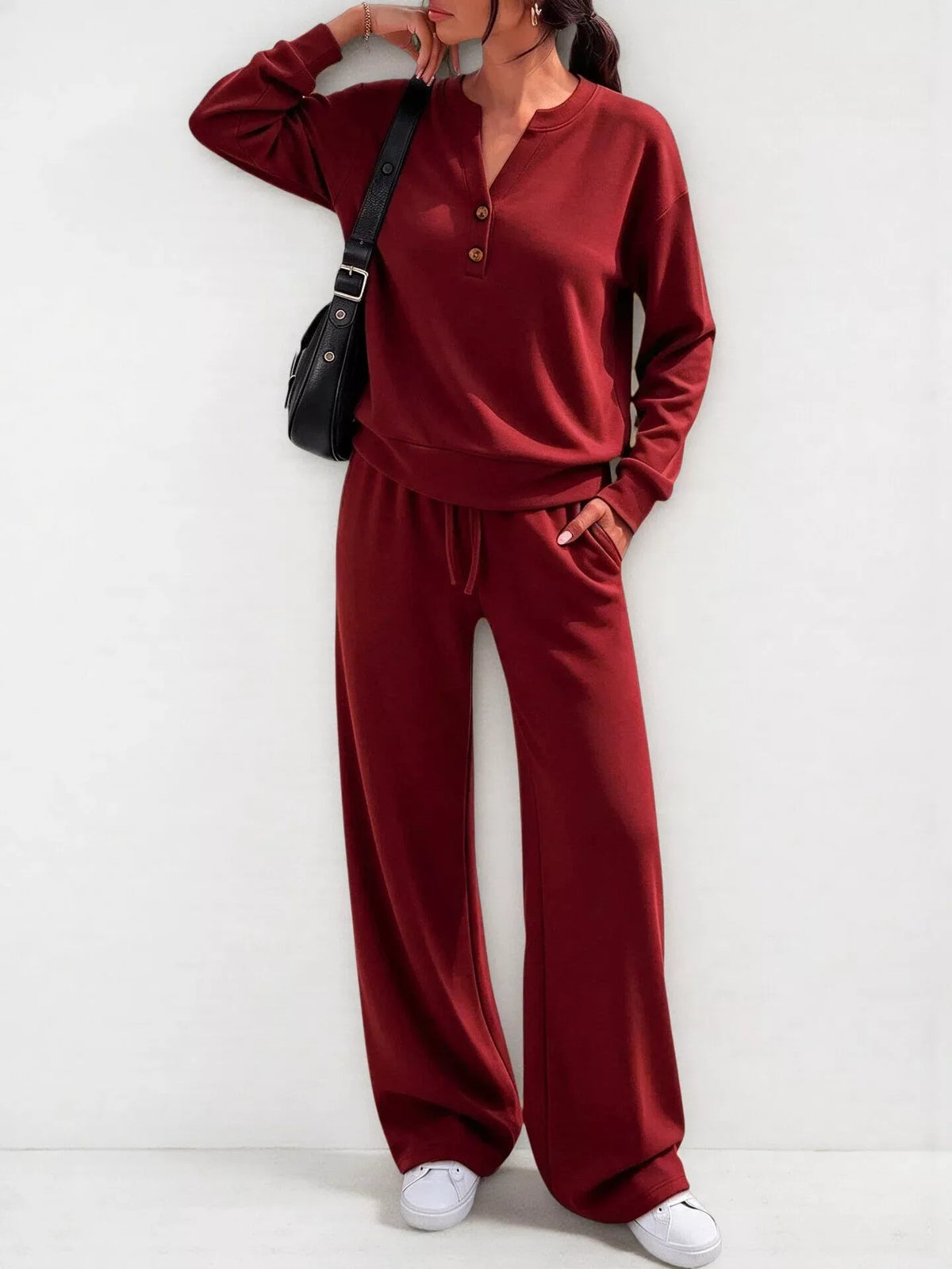 Button-detail dropped-shoulder top and pants set