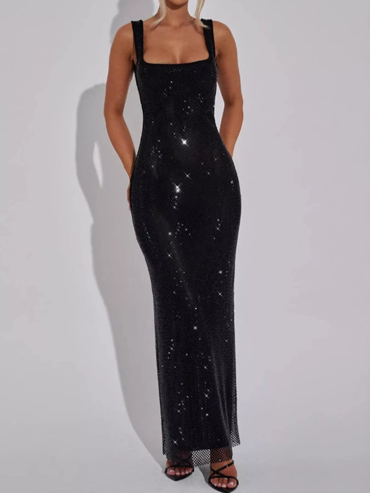 Square neck sleeveless maxi dress, front view on model