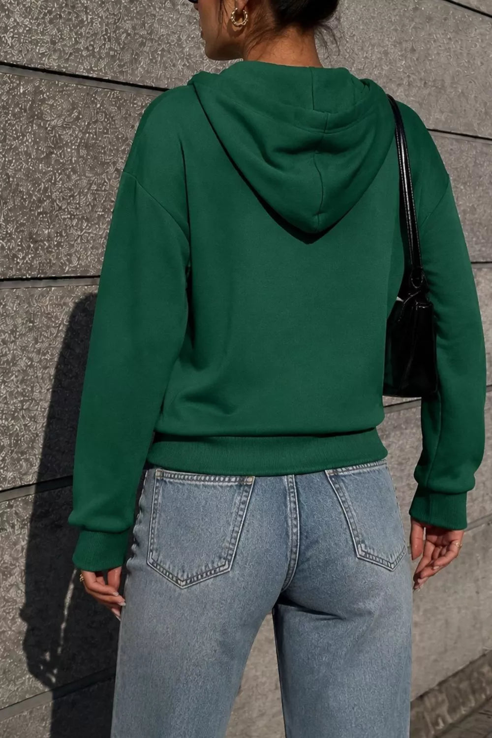 Women's Half Snap Kangaroo Pocket Hoodie in Dark Green, back view