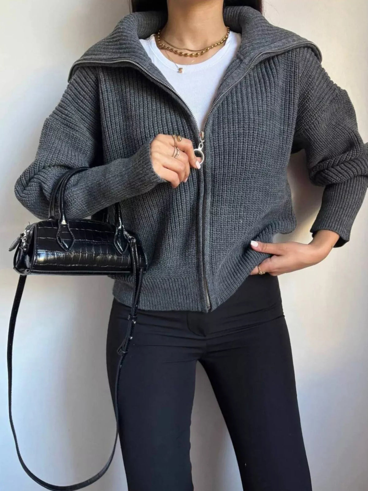 Trendsi Zip Up Dropped Shoulder Cardigan -