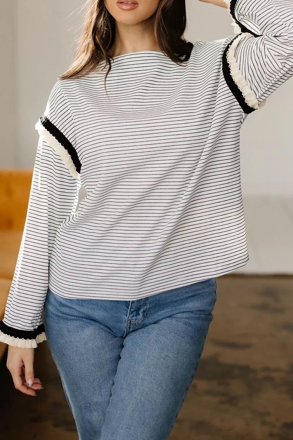 Trendsi Stripe Contrasted Ruffle Trim Loose Long Sleeve Top -
