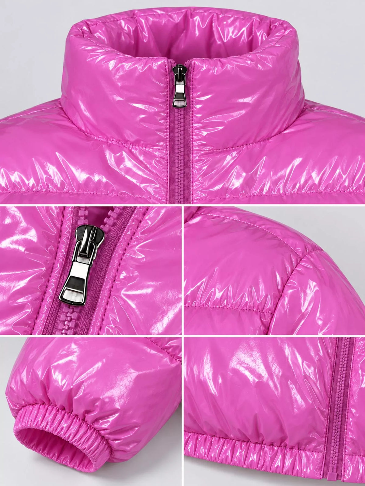 Glossy Stand-Collar Zip-Up Puffer Jacket — garment construction details