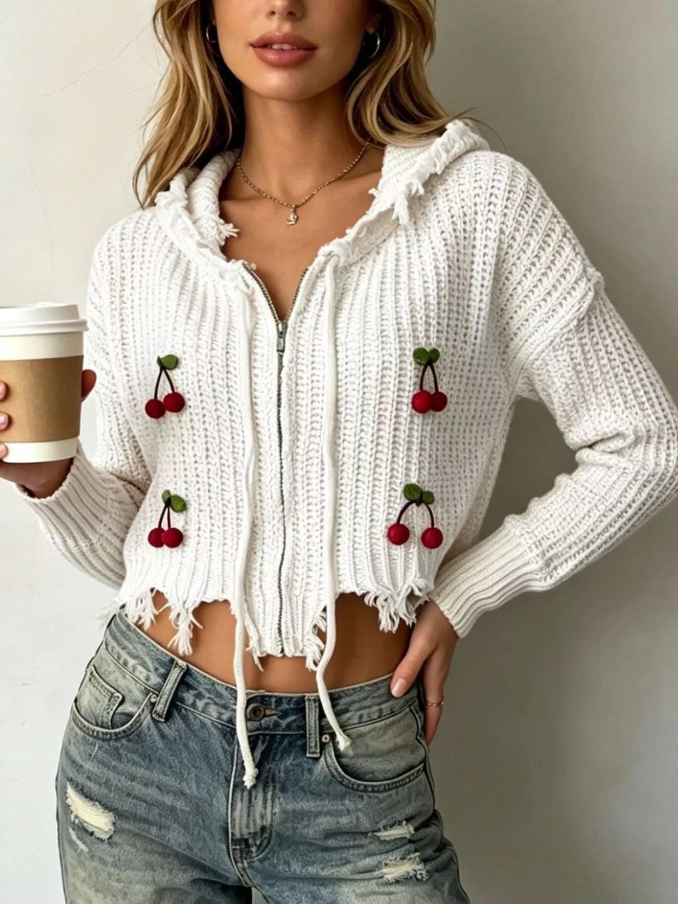 Trendsi Cherry Knit Zip-Up Hooded Sweater -