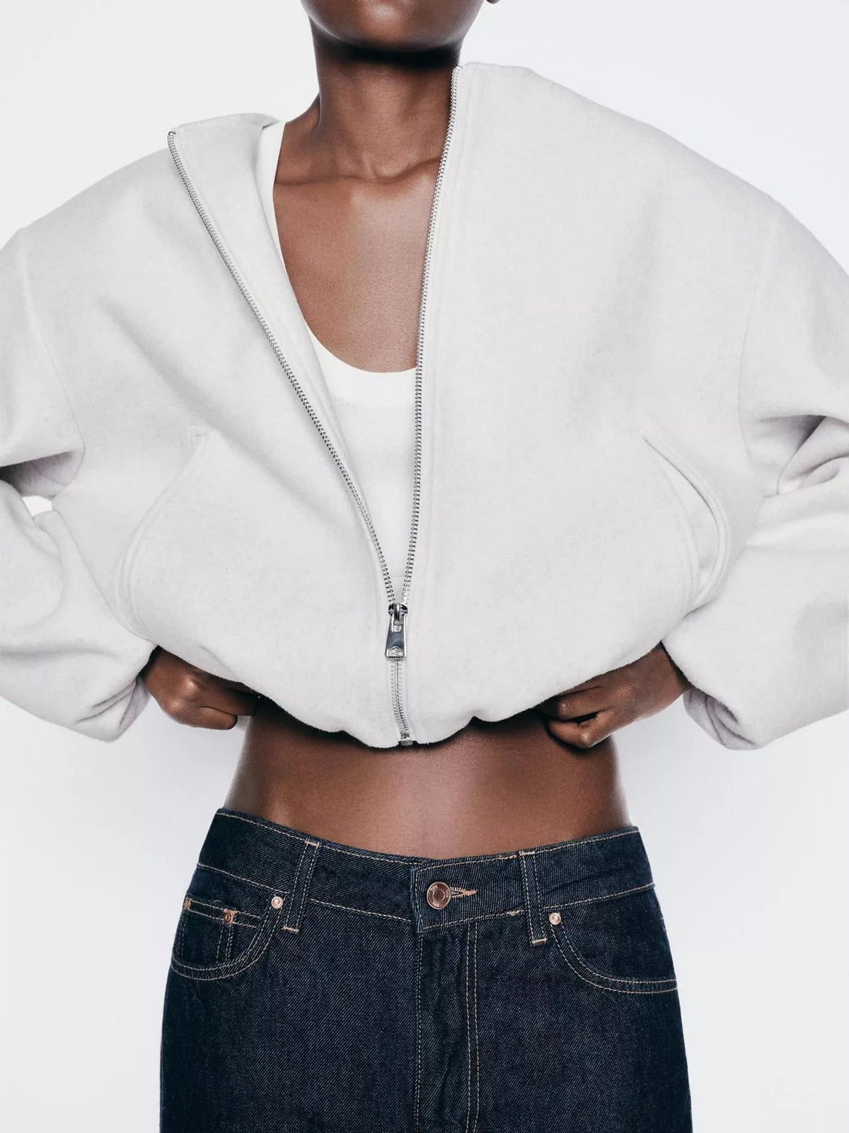 Cropped Round-Neck Zip-Up Jacket — front view