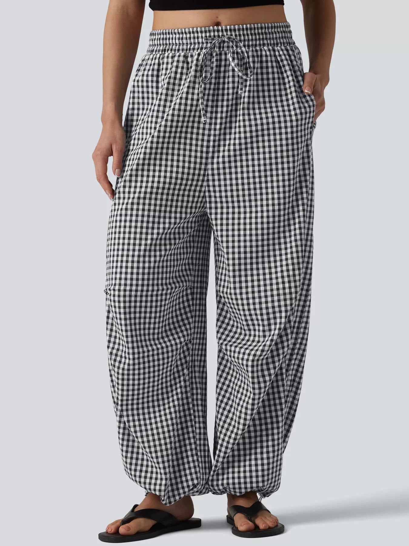 Trendsi High-Waisted Gingham Wide-Leg Drawstring Pants -