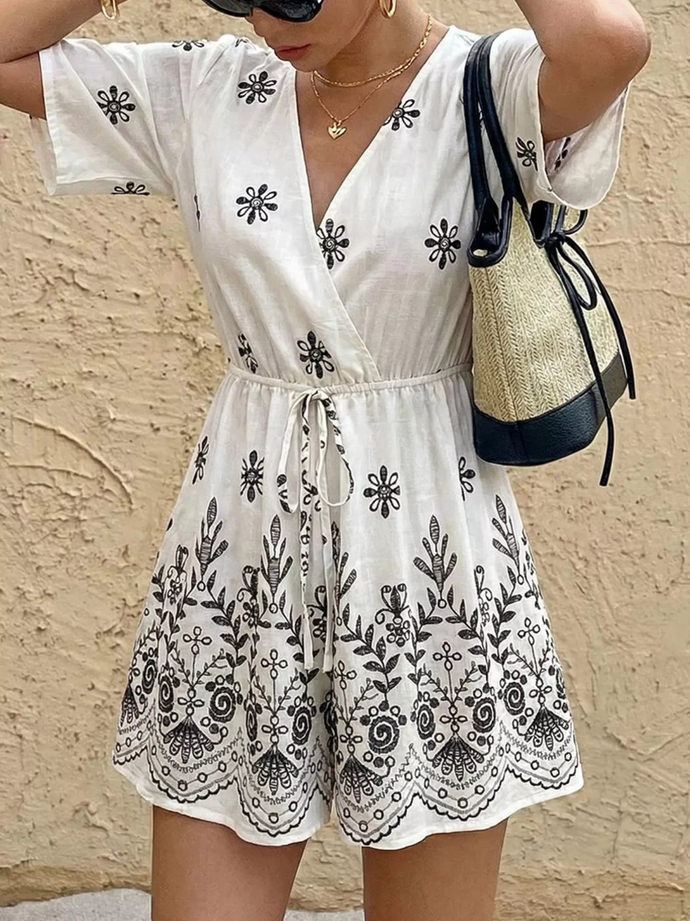 Trendsi Printed Surplice Half Sleeve Romper -