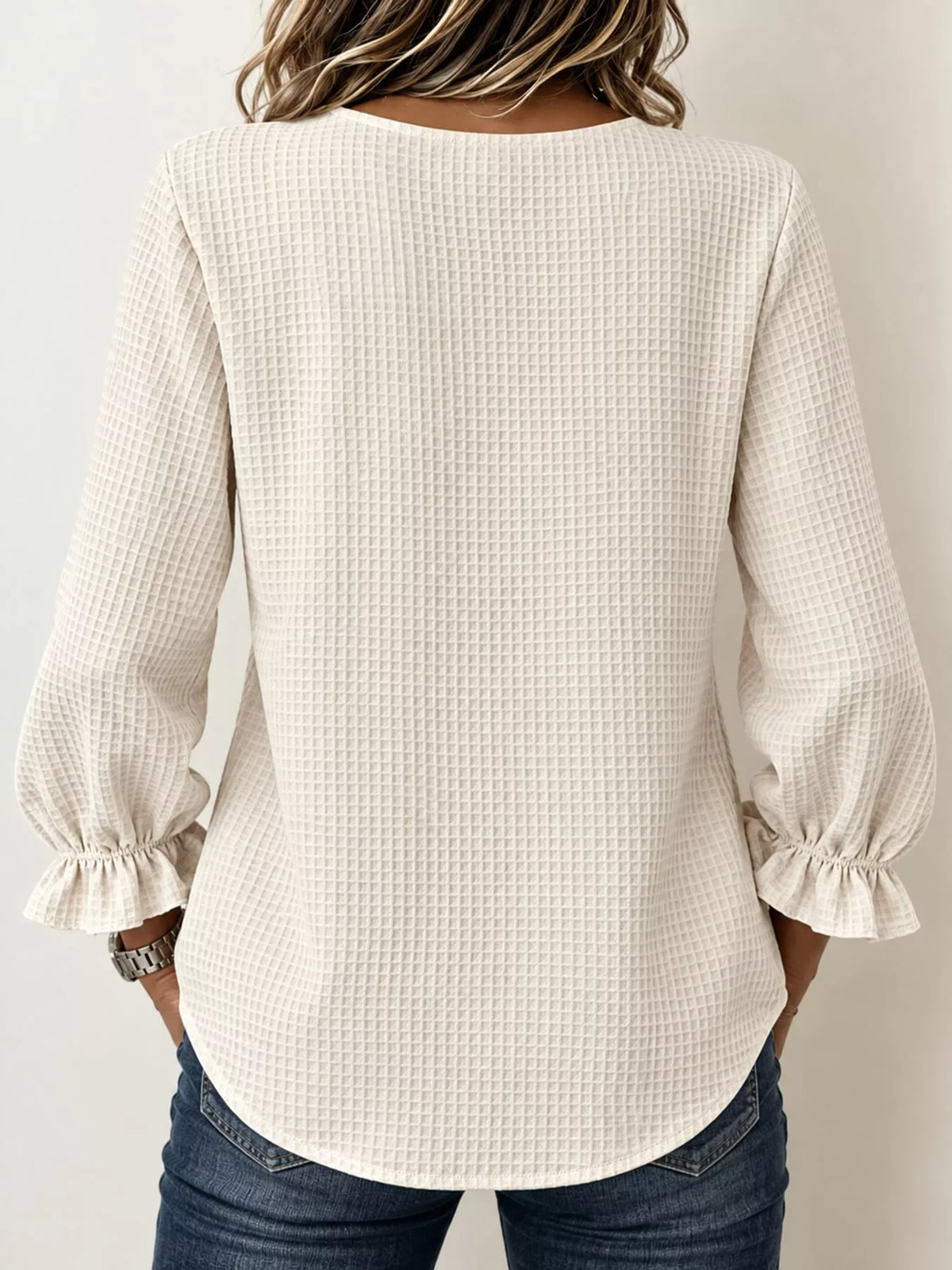 Women's Waffle Knit Flounce Sleeve Blouse in cream — back view