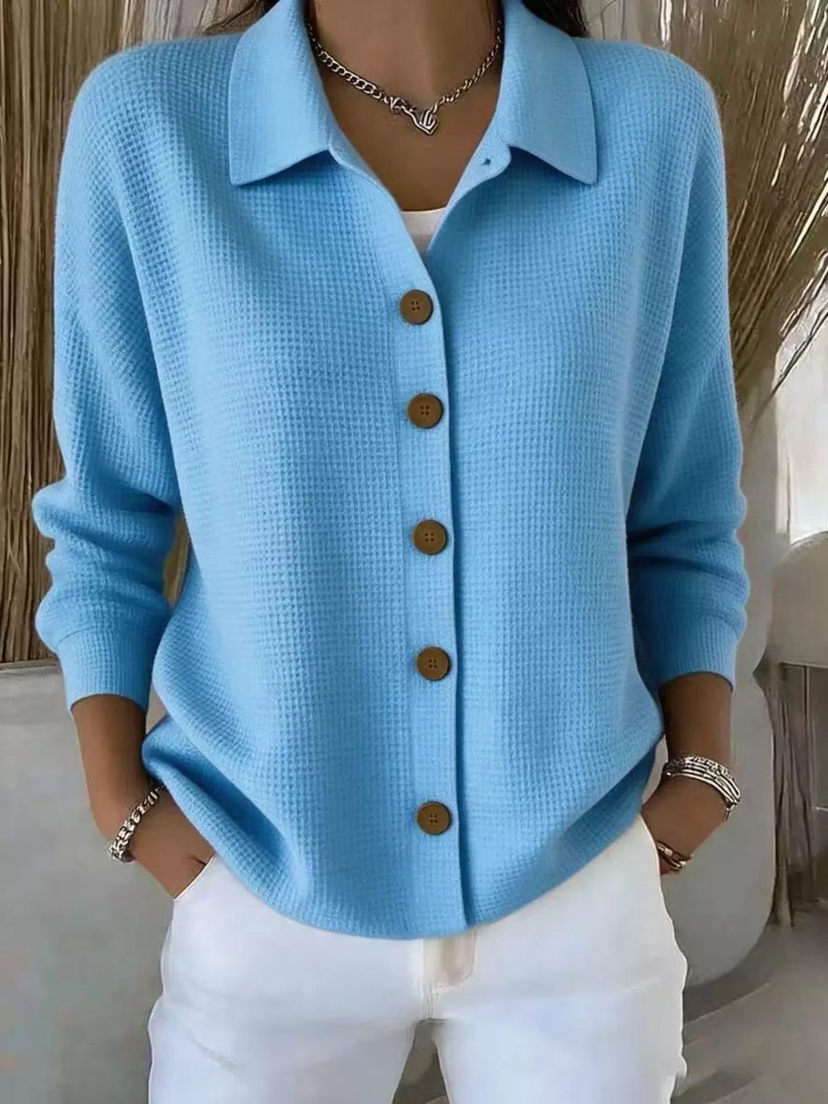 Waffle Knit Button-Down Shirt — front view